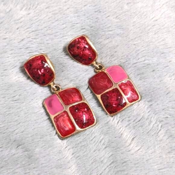 Vintage 1980's Pink & Gold Square Enamel Pierced Earrings - Picture 3 of 9